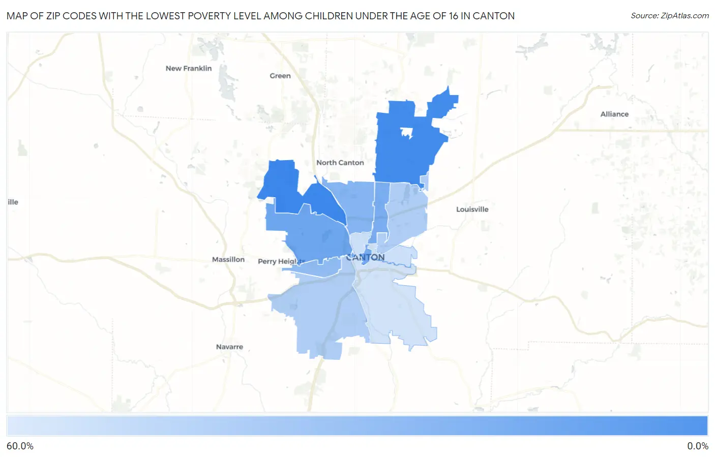 Zip Codes with the Lowest Poverty Level Among Children Under the Age of 16 in Canton Map