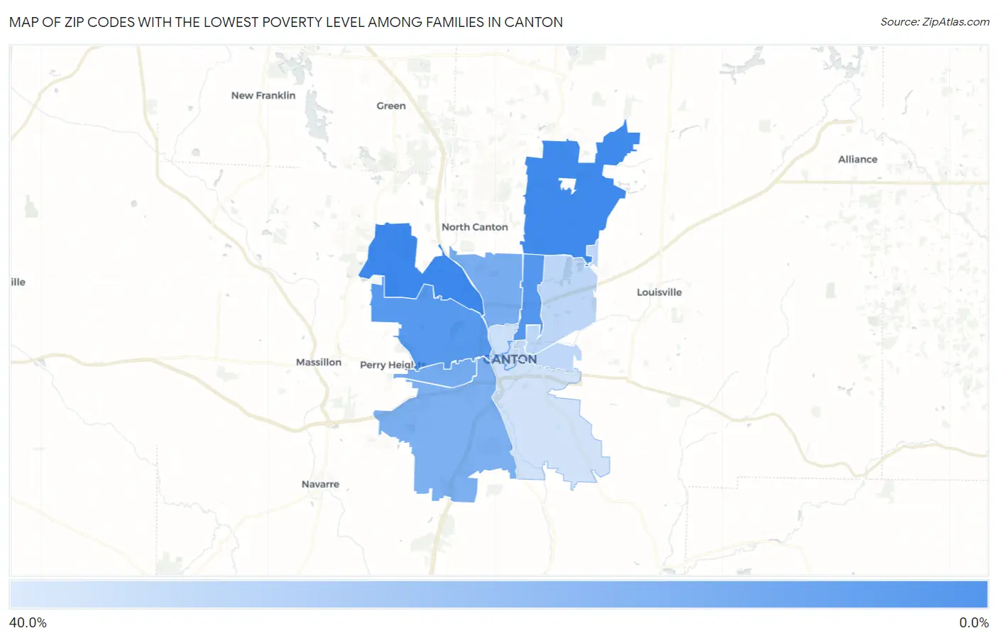 Zip Codes with the Lowest Poverty Level Among Families in Canton Map
