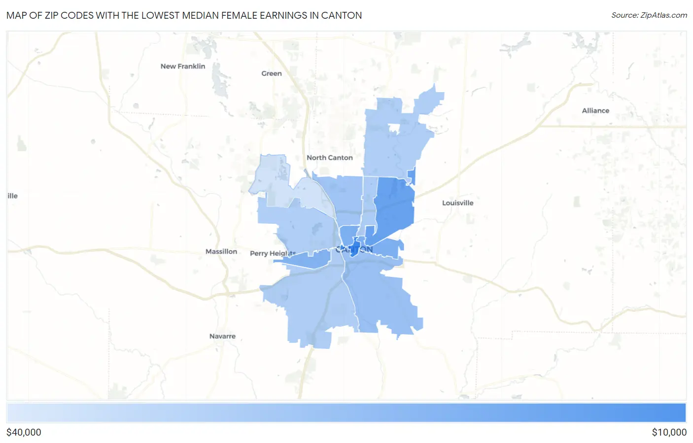 Zip Codes with the Lowest Median Female Earnings in Canton Map