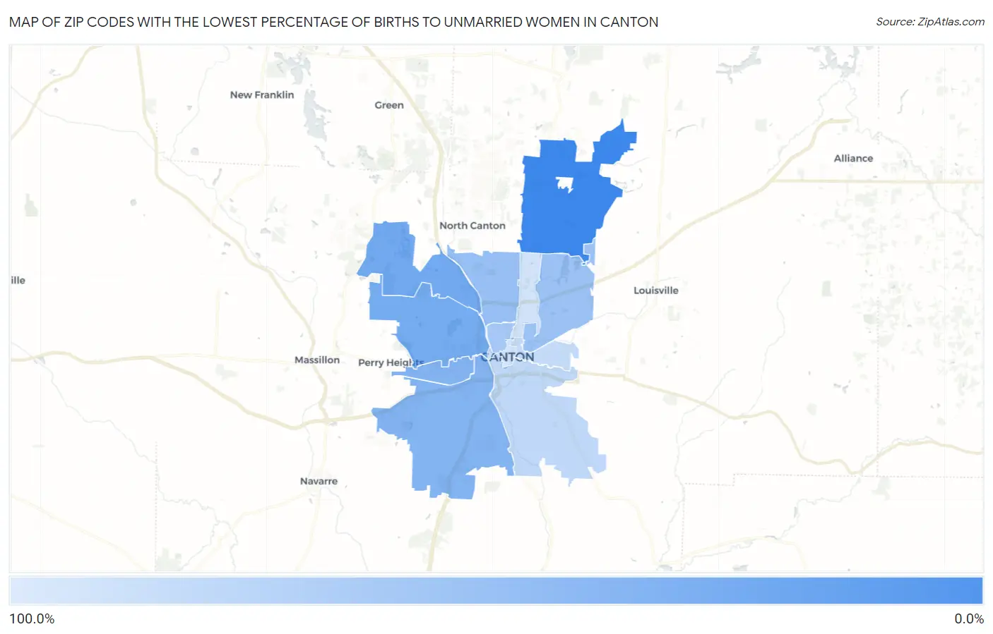 Zip Codes with the Lowest Percentage of Births to Unmarried Women in Canton Map