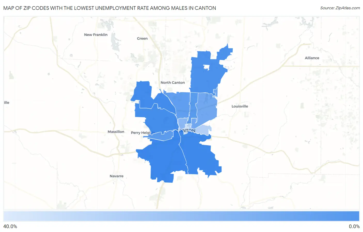 Zip Codes with the Lowest Unemployment Rate Among Males in Canton Map