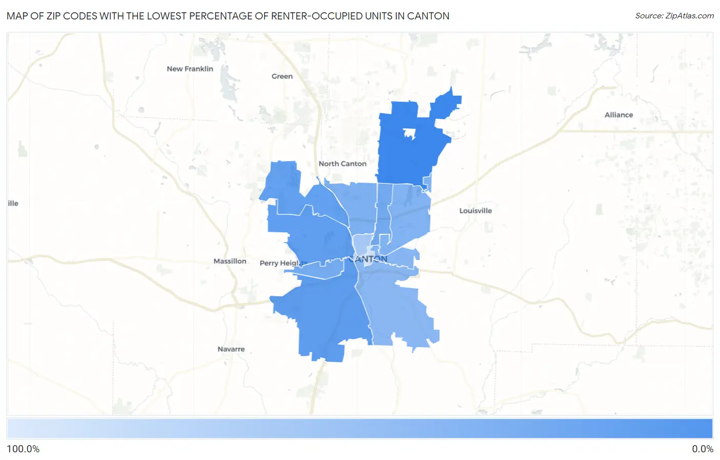 Zip Codes with the Lowest Percentage of Renter-Occupied Units in Canton Map
