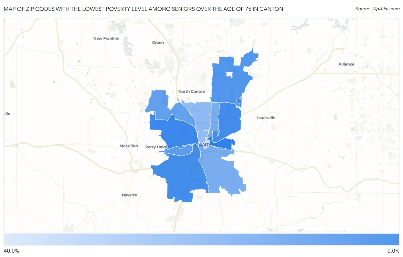 Zip Codes with the Lowest Poverty Level Among Seniors Over the Age of 75 in Canton Map