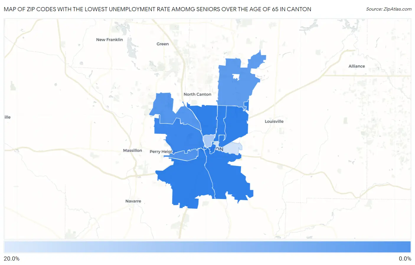 Zip Codes with the Lowest Unemployment Rate Amomg Seniors Over the Age of 65 in Canton Map