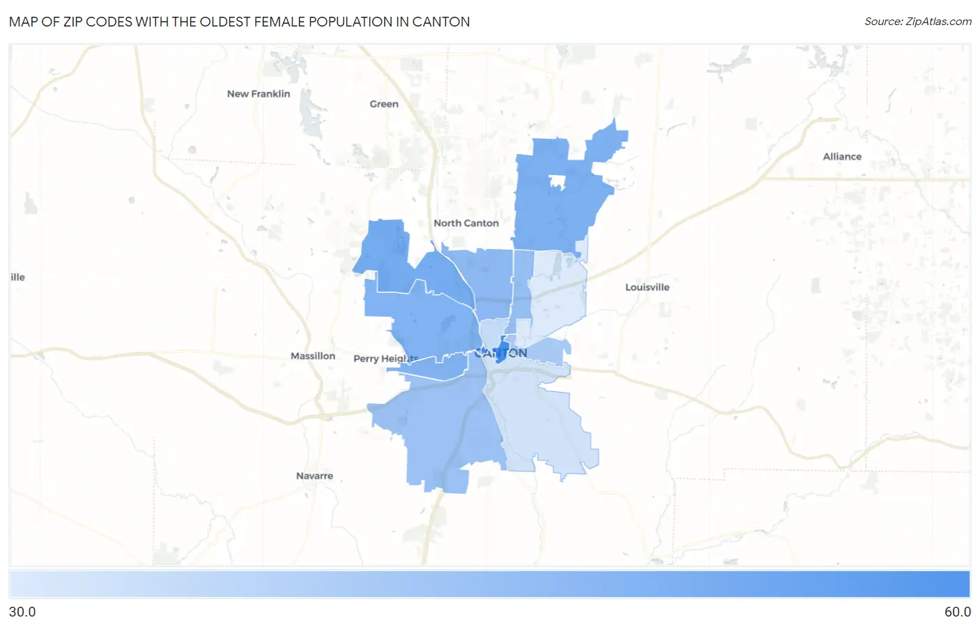 Zip Codes with the Oldest Female Population in Canton Map