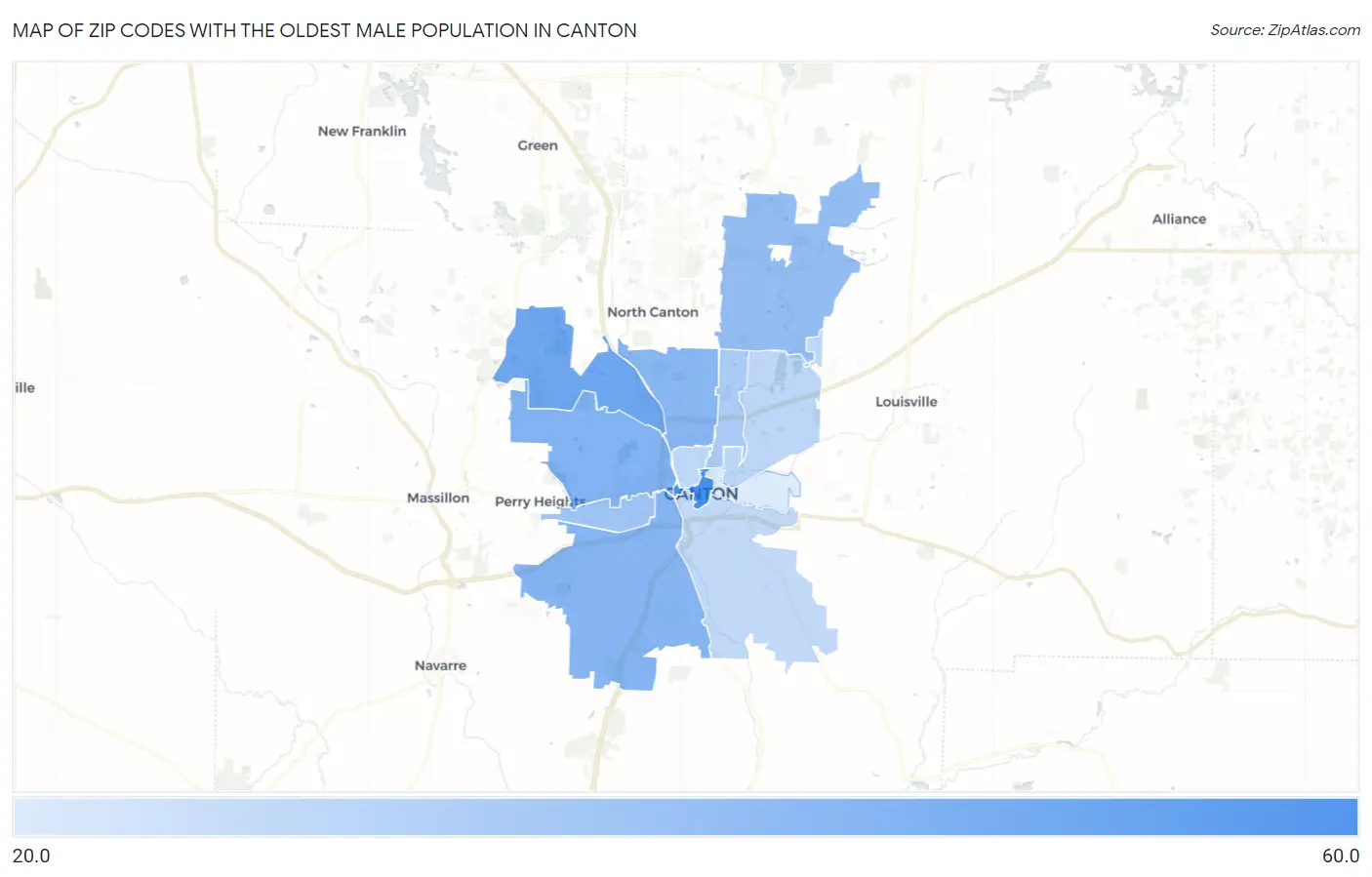 Zip Codes with the Oldest Male Population in Canton Map
