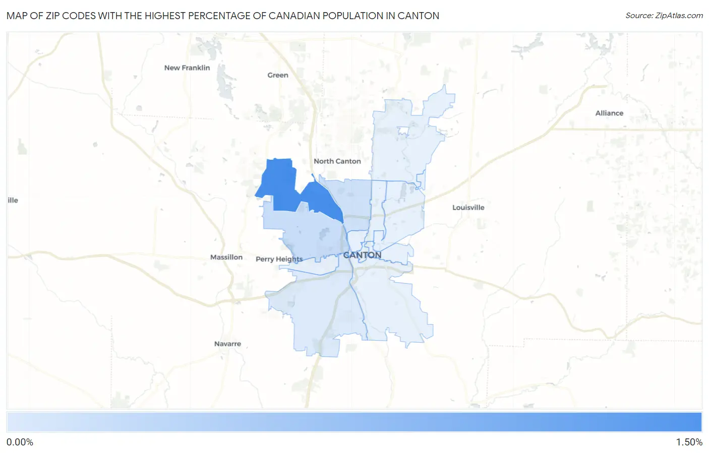 Zip Codes with the Highest Percentage of Canadian Population in Canton Map