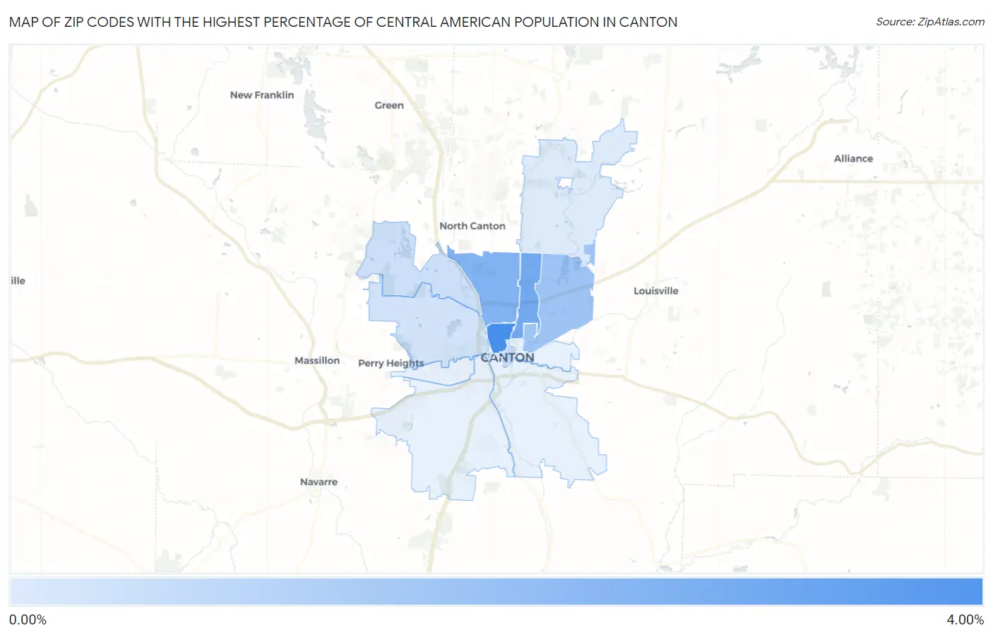 Zip Codes with the Highest Percentage of Central American Population in Canton Map