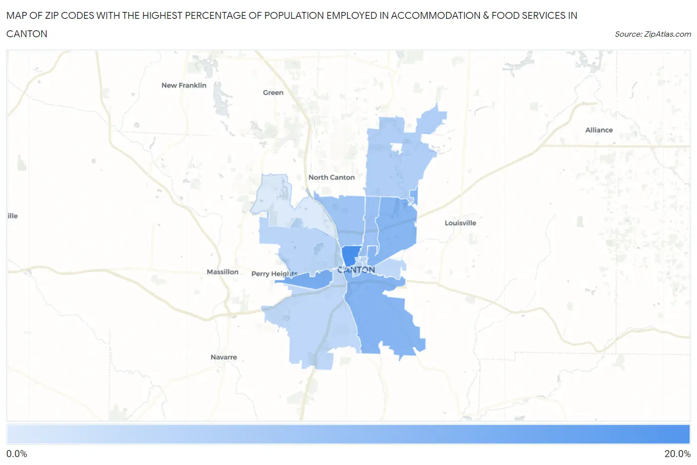 Zip Codes with the Highest Percentage of Population Employed in Accommodation & Food Services in Canton Map