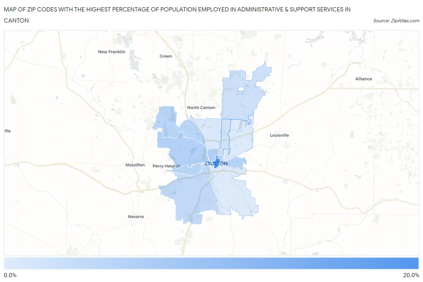 Zip Codes with the Highest Percentage of Population Employed in Administrative & Support Services in Canton Map