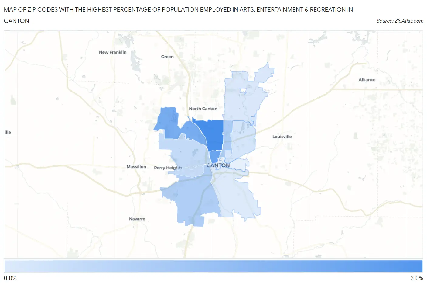 Zip Codes with the Highest Percentage of Population Employed in Arts, Entertainment & Recreation in Canton Map