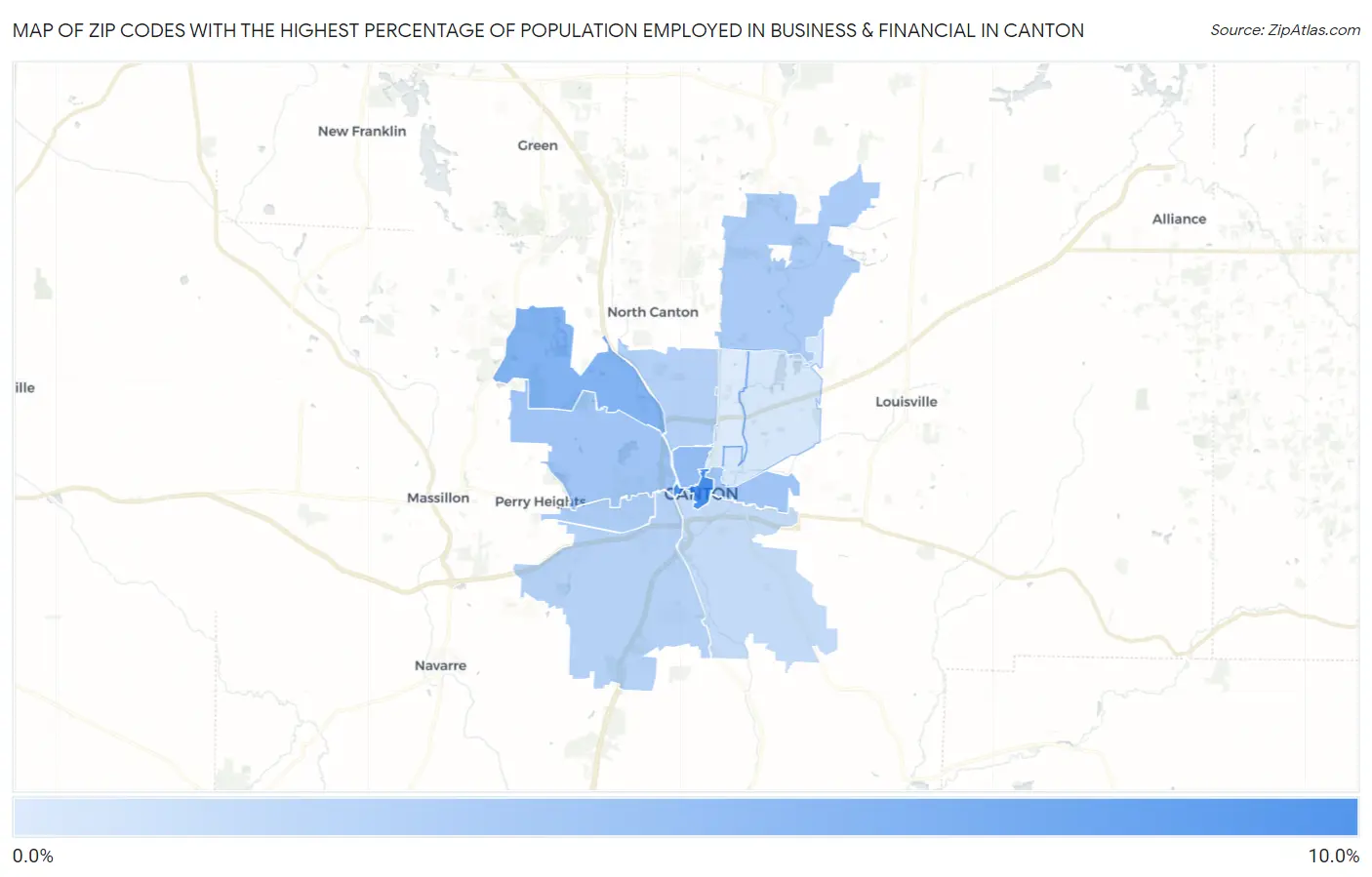 Zip Codes with the Highest Percentage of Population Employed in Business & Financial in Canton Map