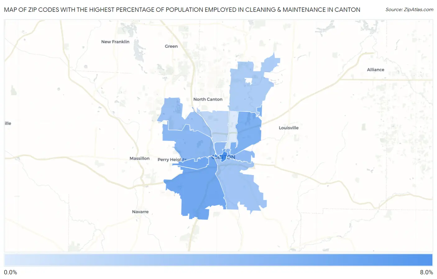 Zip Codes with the Highest Percentage of Population Employed in Cleaning & Maintenance in Canton Map