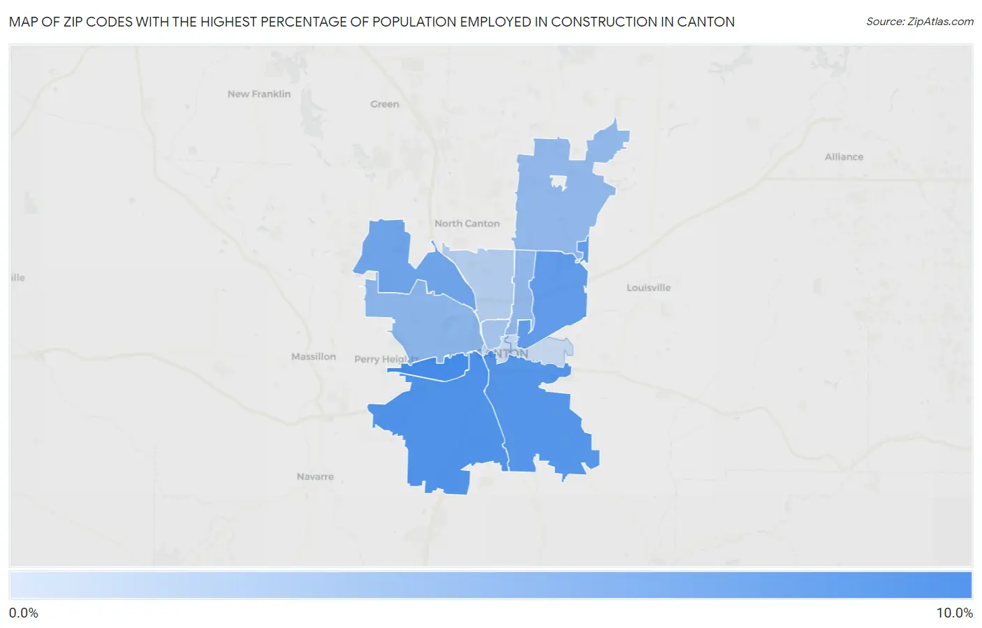 Zip Codes with the Highest Percentage of Population Employed in Construction in Canton Map