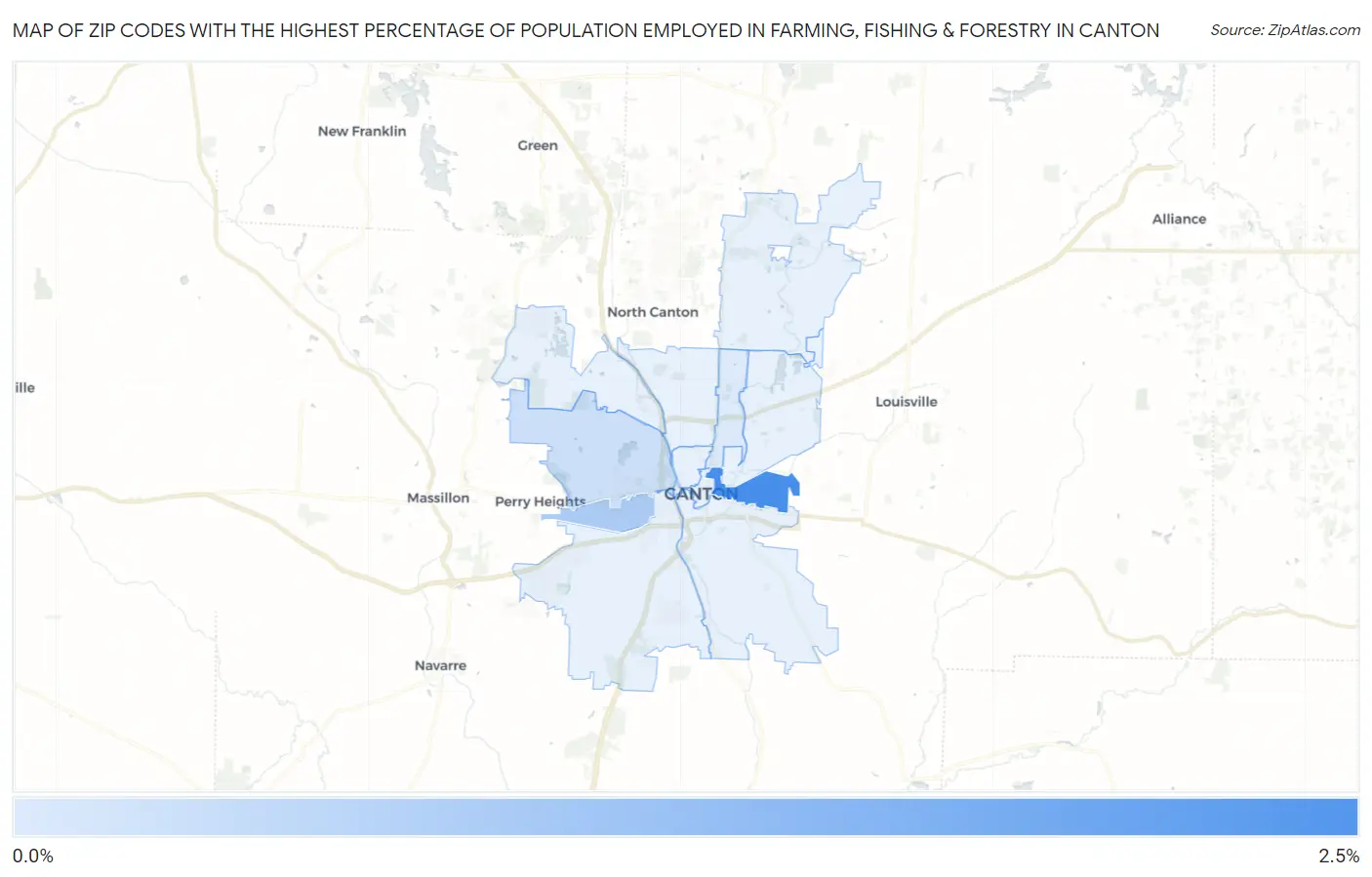 Zip Codes with the Highest Percentage of Population Employed in Farming, Fishing & Forestry in Canton Map