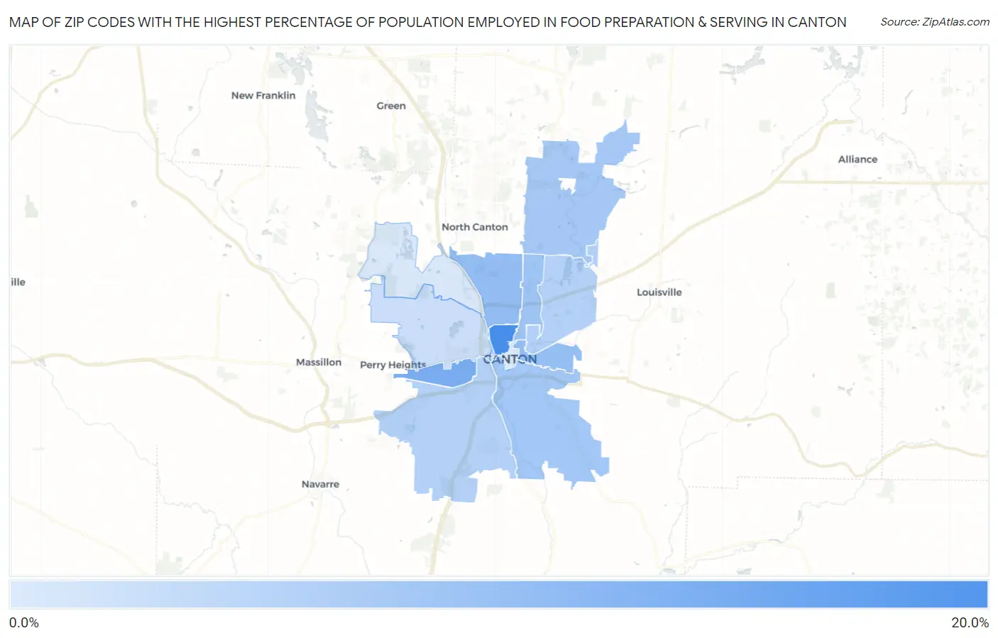 Zip Codes with the Highest Percentage of Population Employed in Food Preparation & Serving in Canton Map