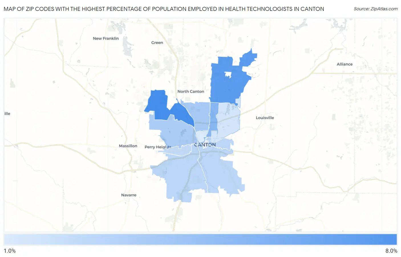 Zip Codes with the Highest Percentage of Population Employed in Health Technologists in Canton Map