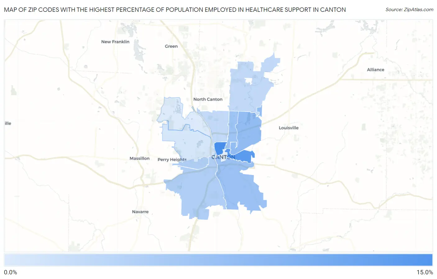 Zip Codes with the Highest Percentage of Population Employed in Healthcare Support in Canton Map