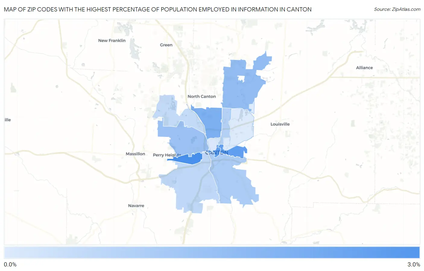 Zip Codes with the Highest Percentage of Population Employed in Information in Canton Map