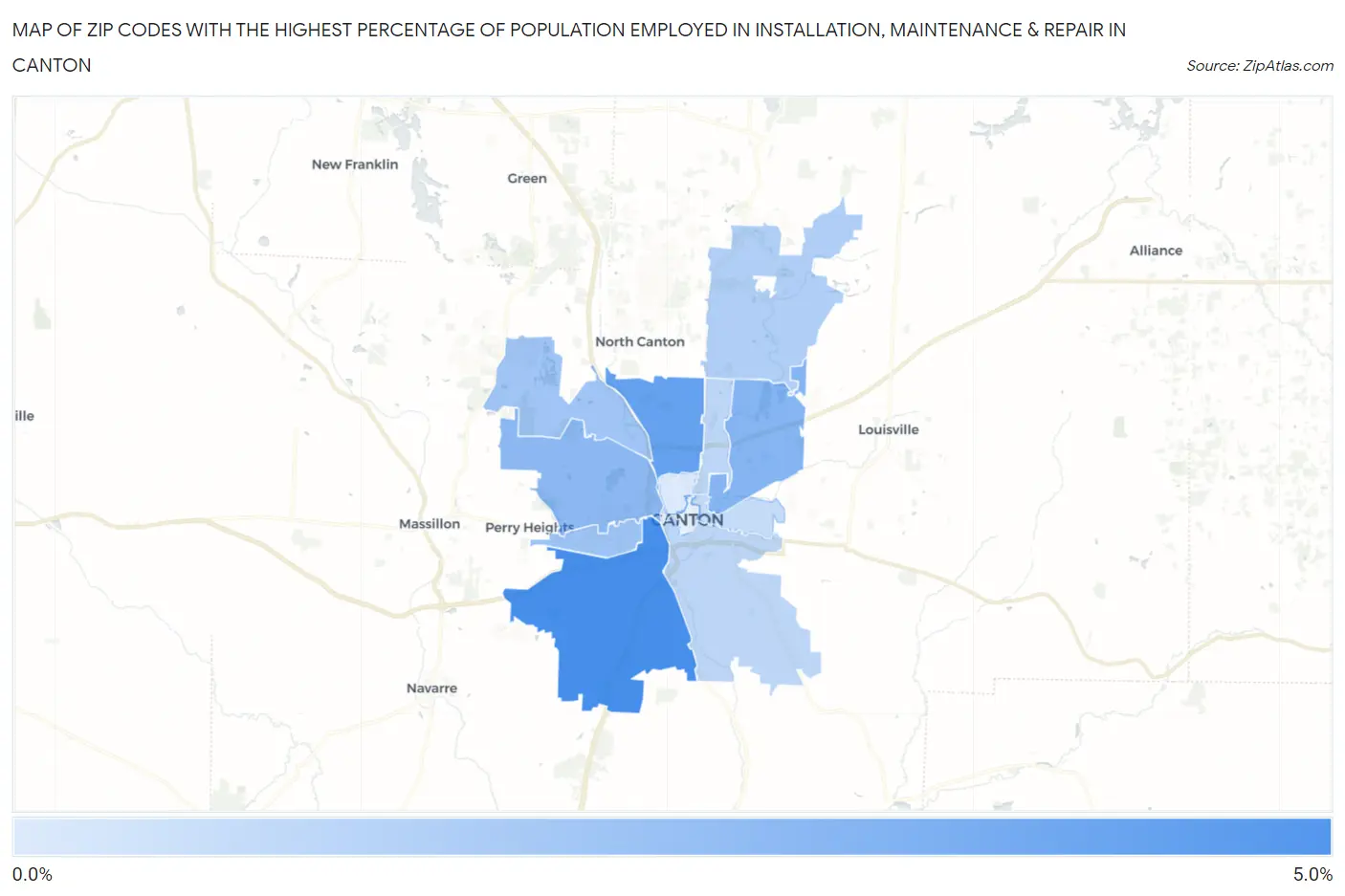 Zip Codes with the Highest Percentage of Population Employed in Installation, Maintenance & Repair in Canton Map