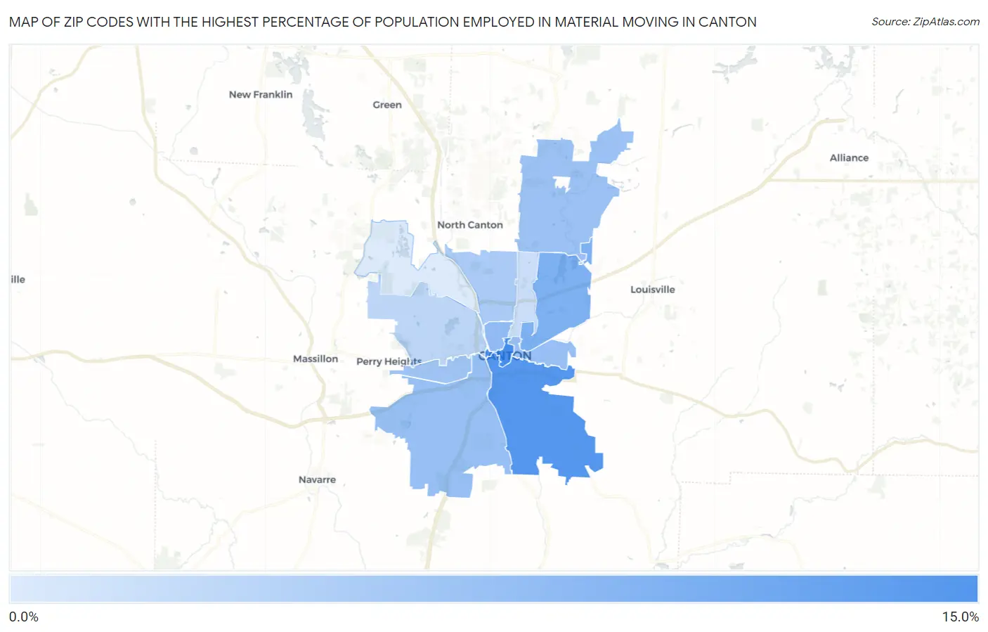 Zip Codes with the Highest Percentage of Population Employed in Material Moving in Canton Map