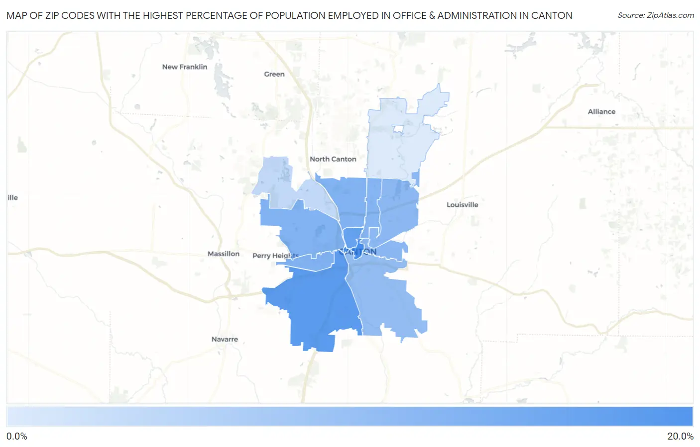 Zip Codes with the Highest Percentage of Population Employed in Office & Administration in Canton Map