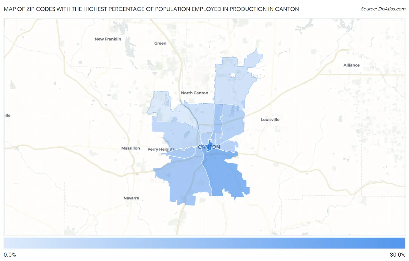 Zip Codes with the Highest Percentage of Population Employed in Production in Canton Map