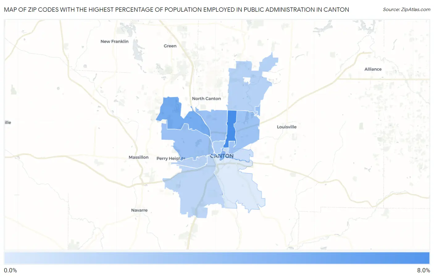 Zip Codes with the Highest Percentage of Population Employed in Public Administration in Canton Map