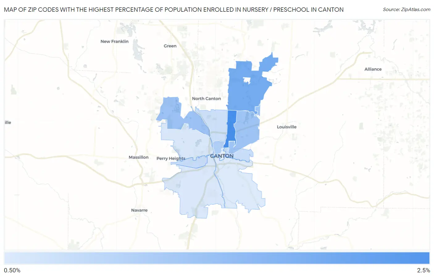 Zip Codes with the Highest Percentage of Population Enrolled in Nursery / Preschool in Canton Map