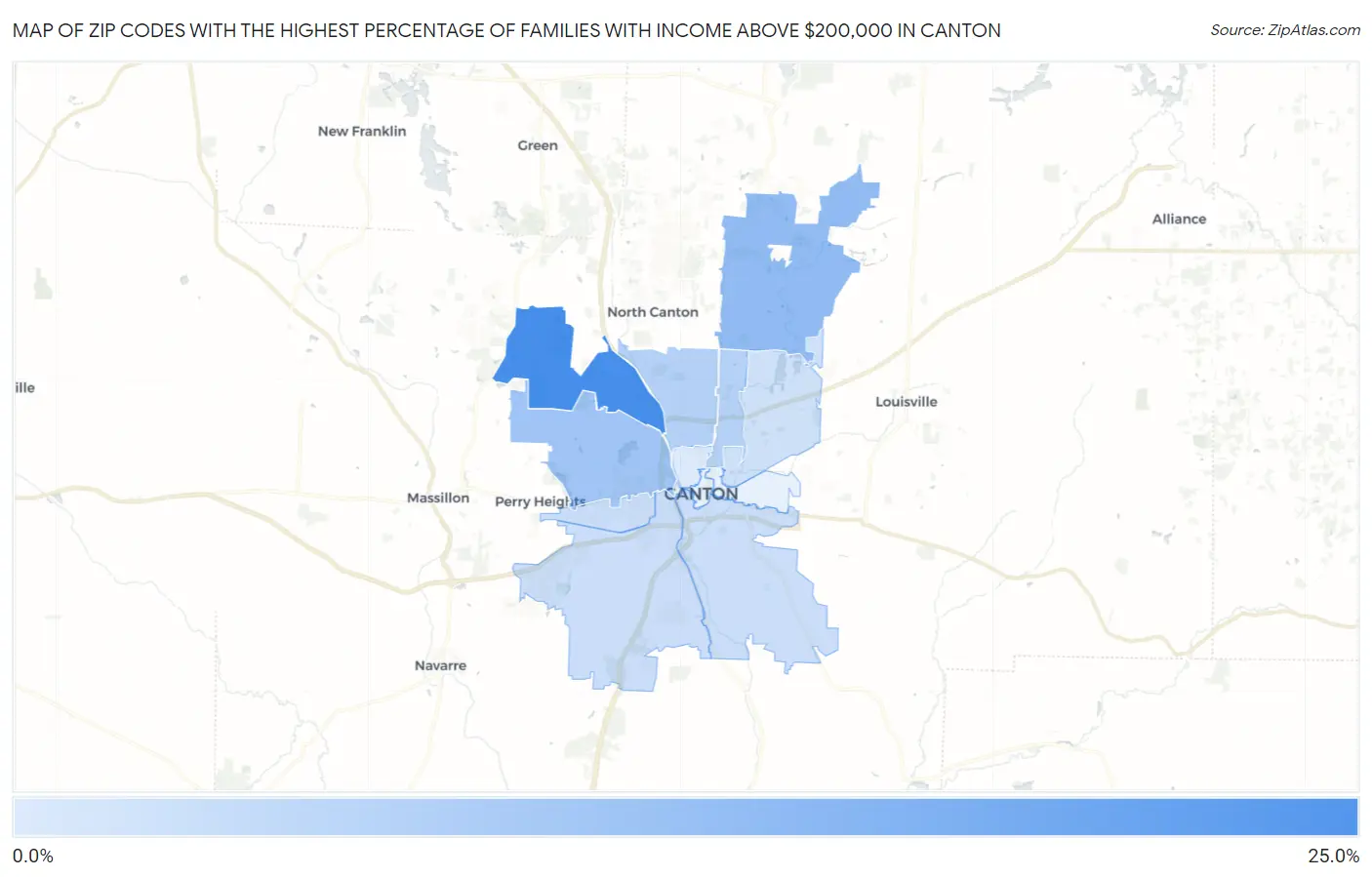 Zip Codes with the Highest Percentage of Families with Income Above $200,000 in Canton Map