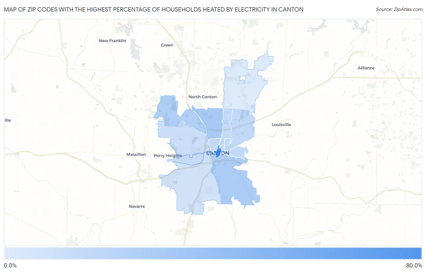 Zip Codes with the Highest Percentage of Households Heated by Electricity in Canton Map