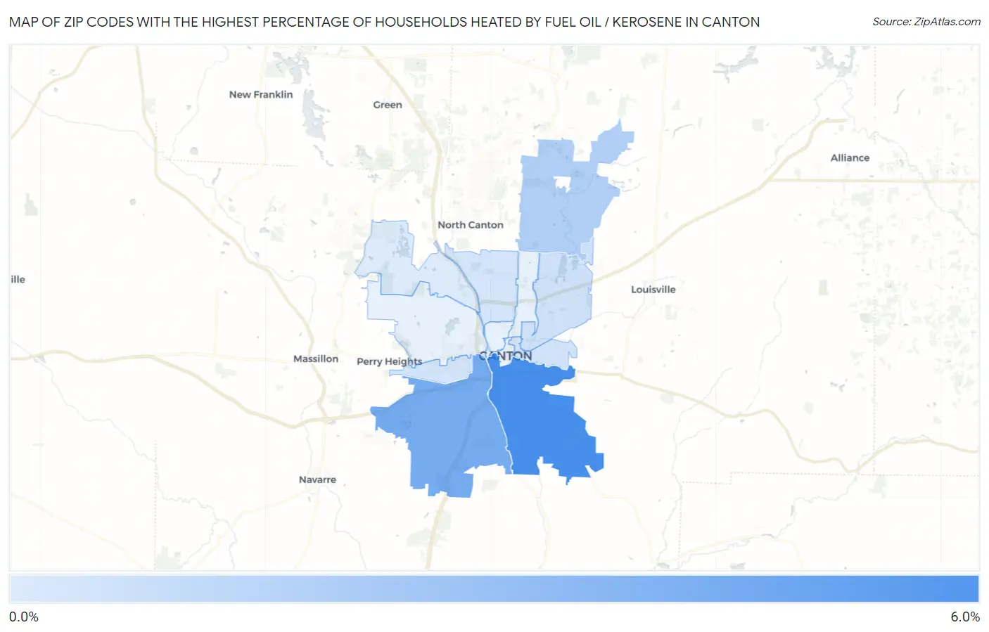 Zip Codes with the Highest Percentage of Households Heated by Fuel Oil / Kerosene in Canton Map
