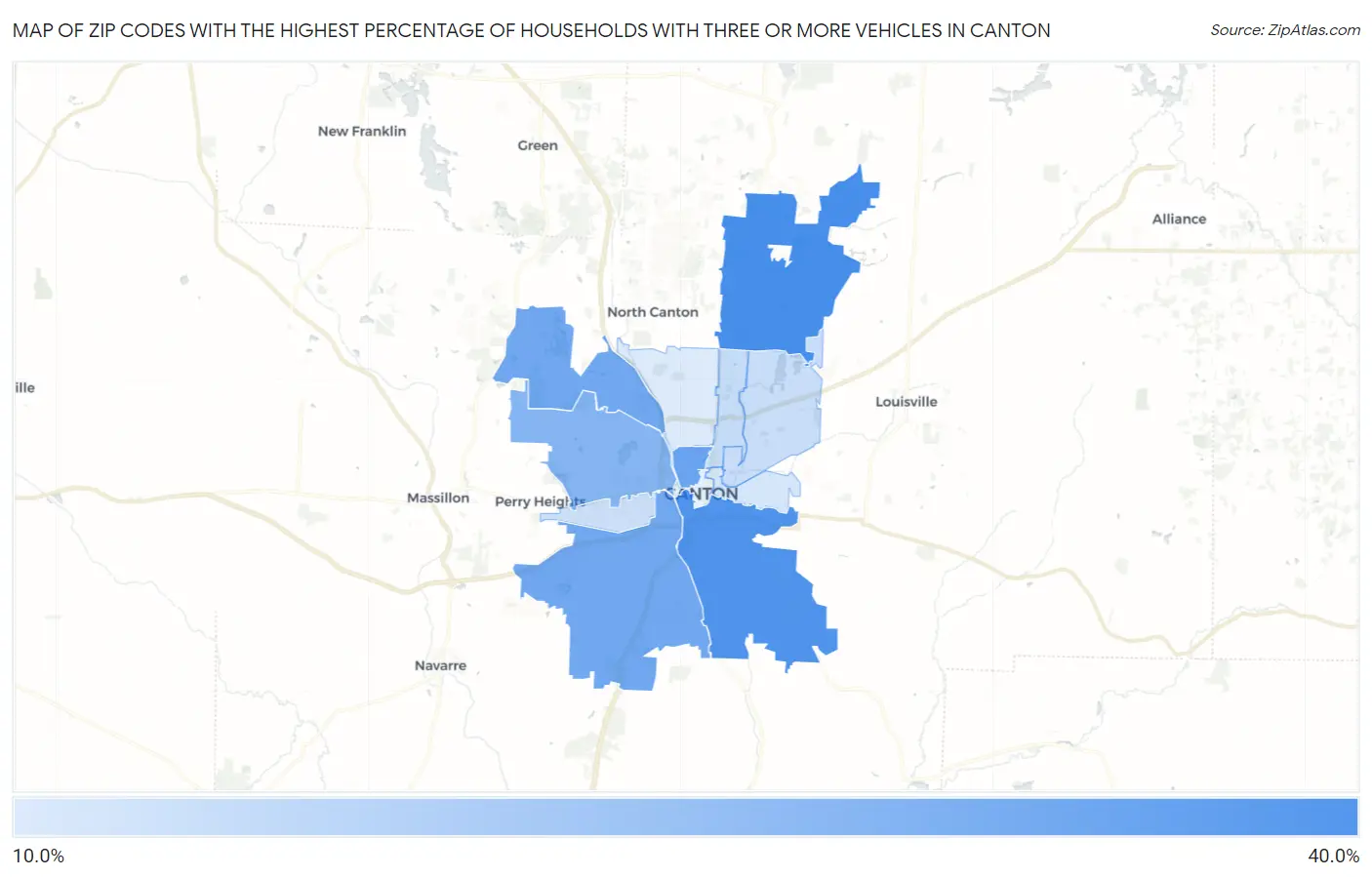 Zip Codes with the Highest Percentage of Households With Three or more Vehicles in Canton Map