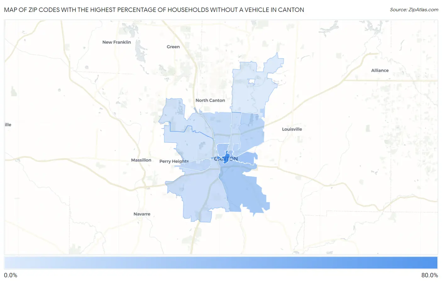 Zip Codes with the Highest Percentage of Households Without a Vehicle in Canton Map