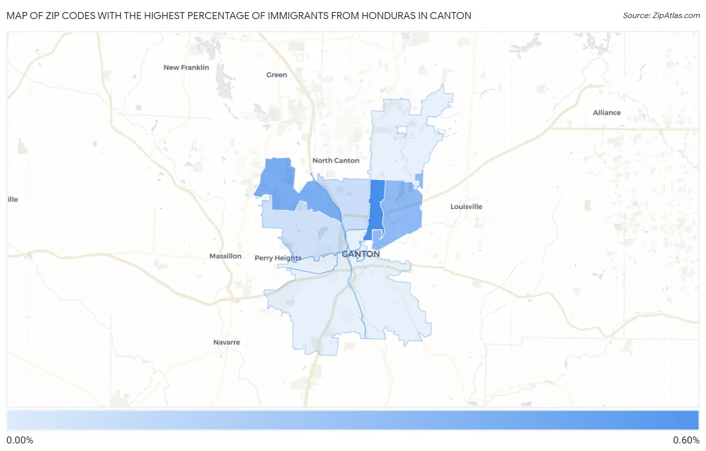 Zip Codes with the Highest Percentage of Immigrants from Honduras in Canton Map