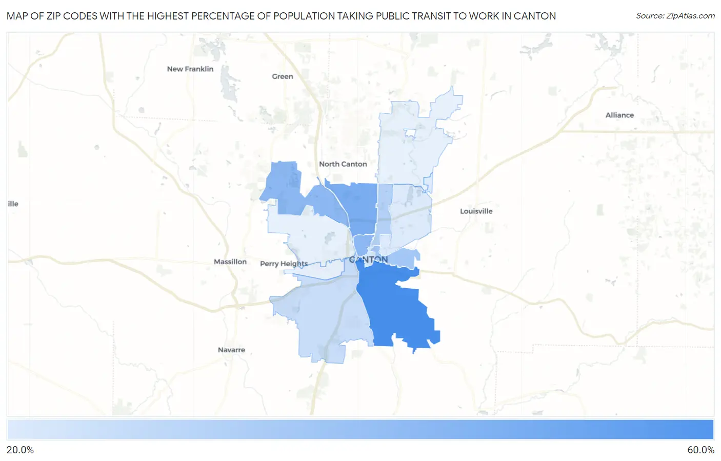 Zip Codes with the Highest Percentage of Population Taking Public Transit to Work in Canton Map