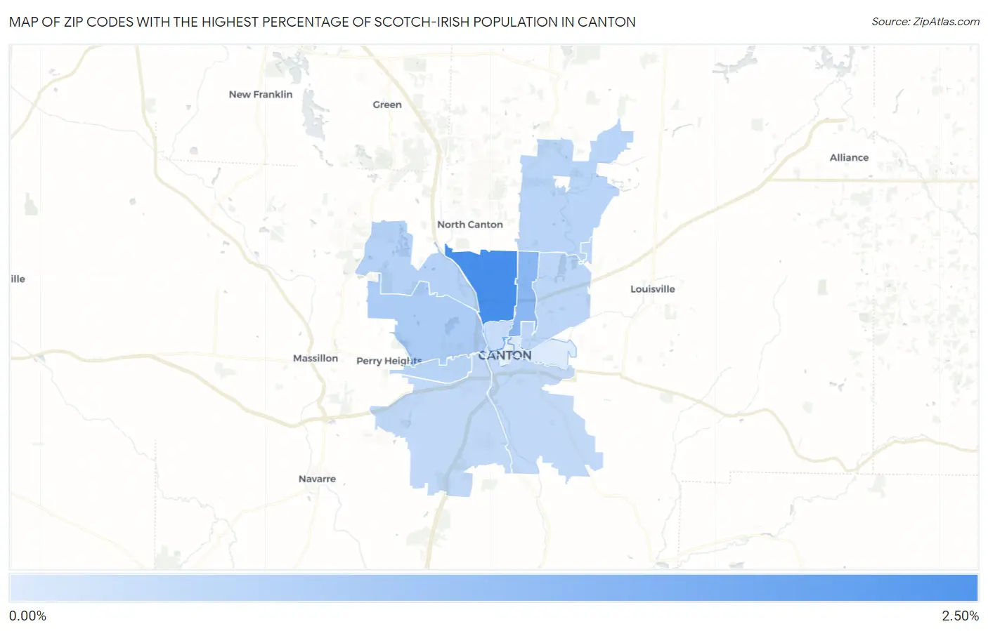 Zip Codes with the Highest Percentage of Scotch-Irish Population in Canton Map