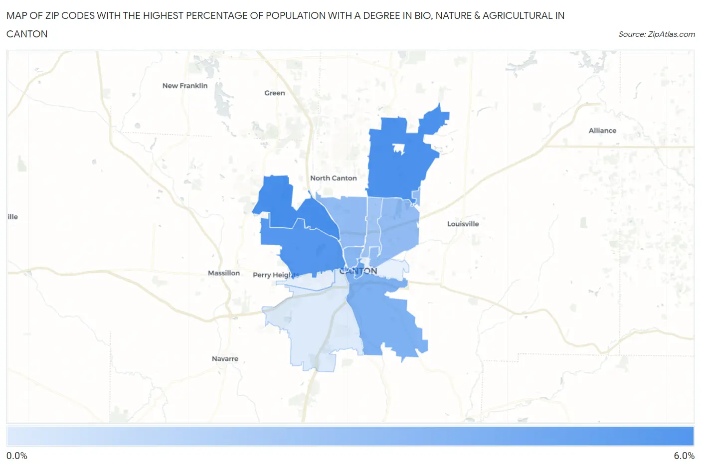 Zip Codes with the Highest Percentage of Population with a Degree in Bio, Nature & Agricultural in Canton Map