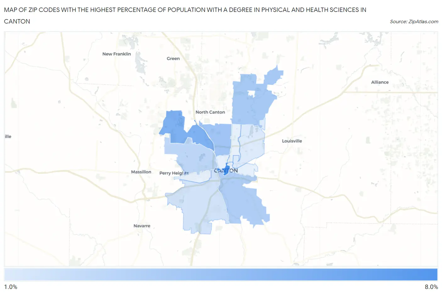 Zip Codes with the Highest Percentage of Population with a Degree in Physical and Health Sciences in Canton Map