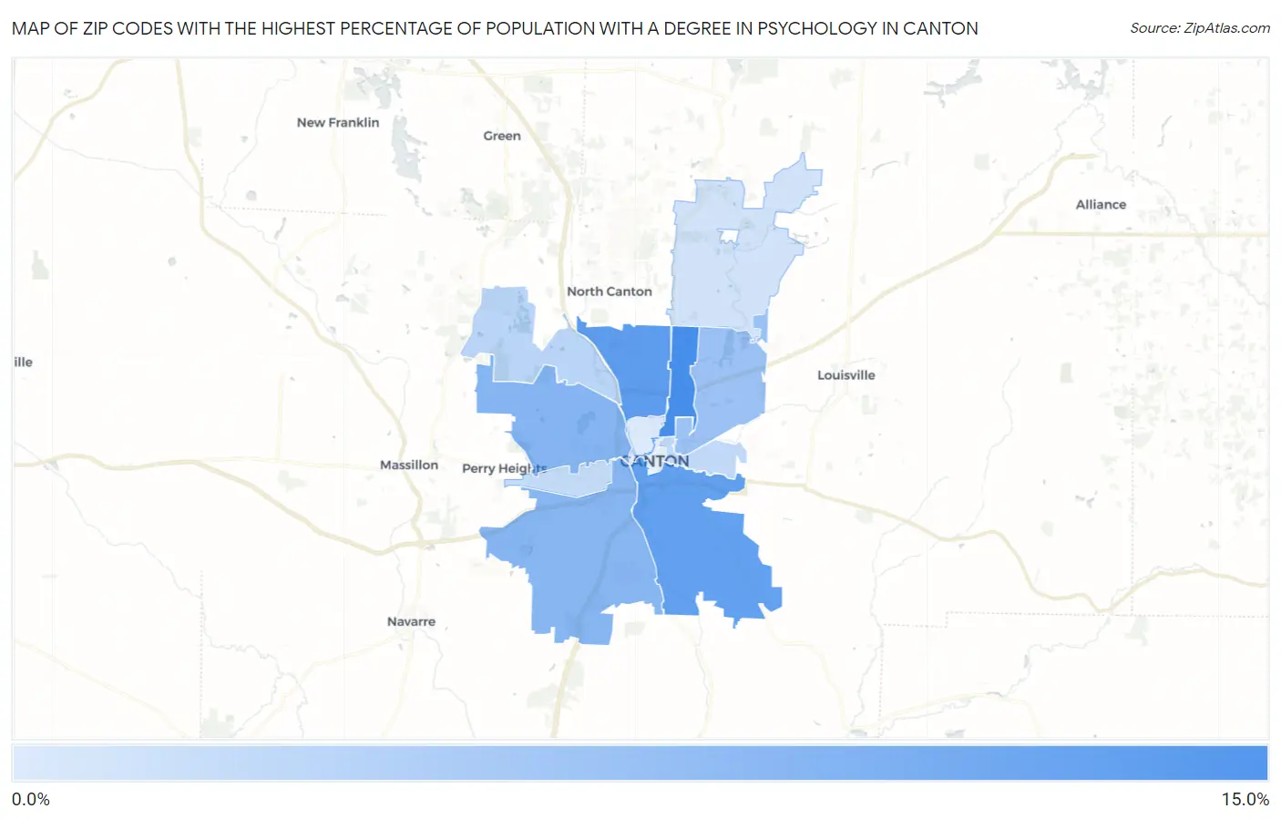 Zip Codes with the Highest Percentage of Population with a Degree in Psychology in Canton Map