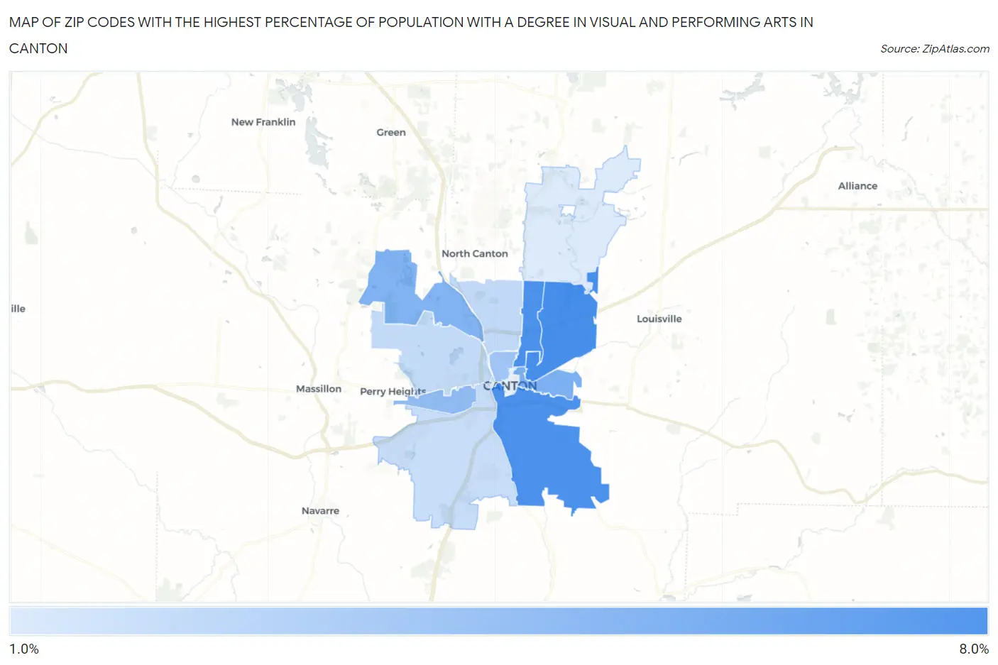 Zip Codes with the Highest Percentage of Population with a Degree in Visual and Performing Arts in Canton Map
