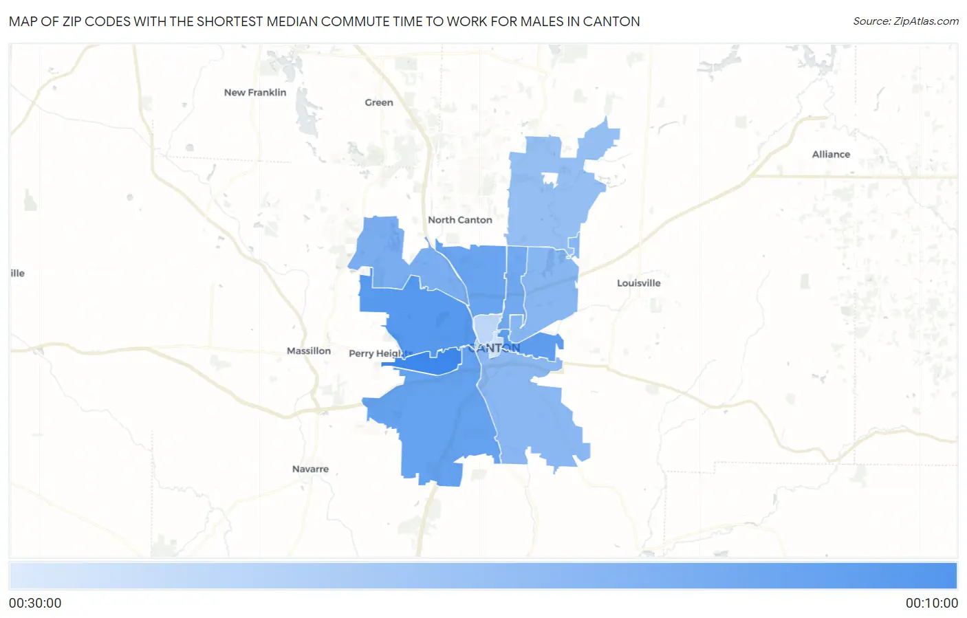 Zip Codes with the Shortest Median Commute Time to Work for Males in Canton Map