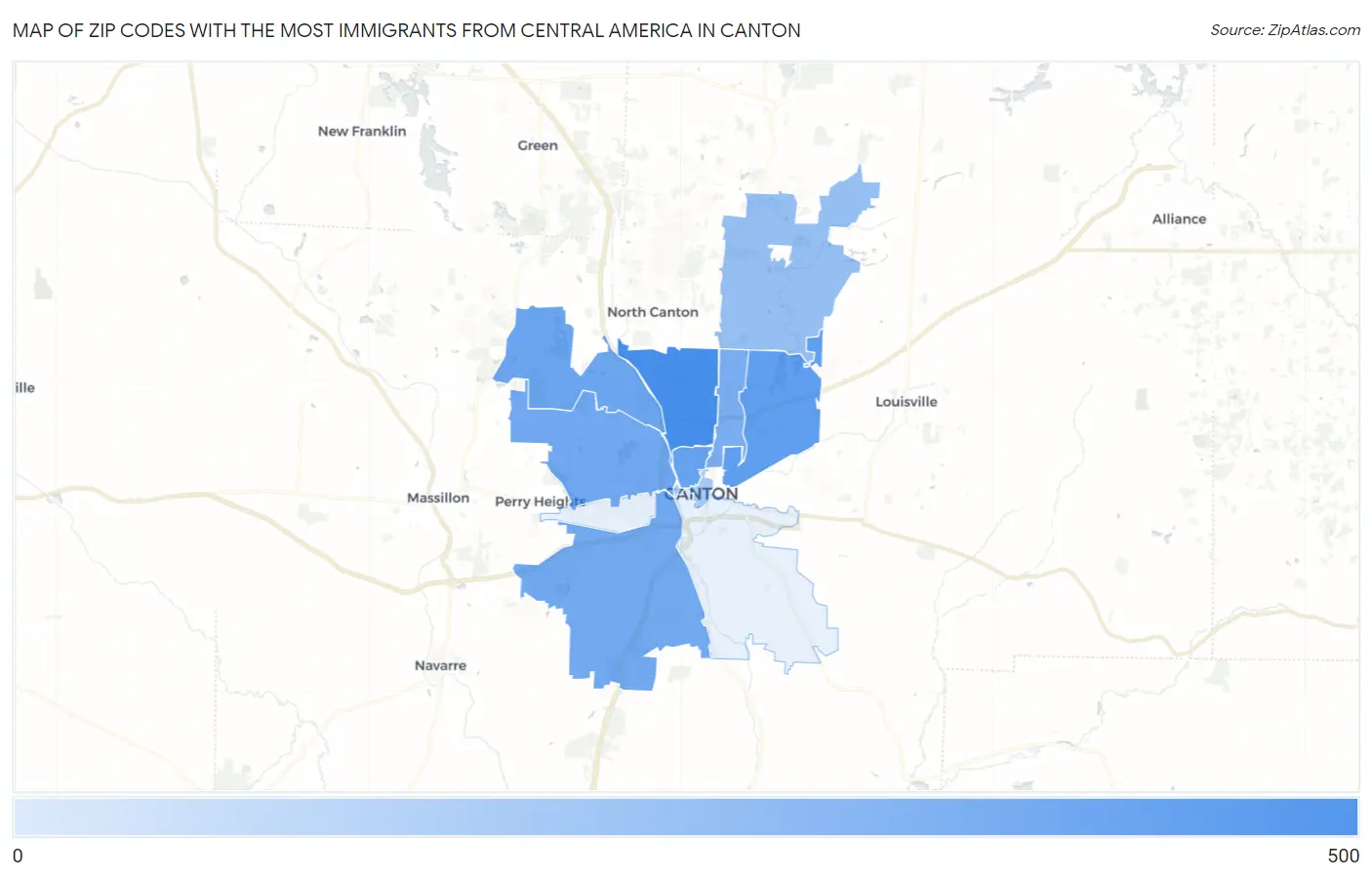 Zip Codes with the Most Immigrants from Central America in Canton Map