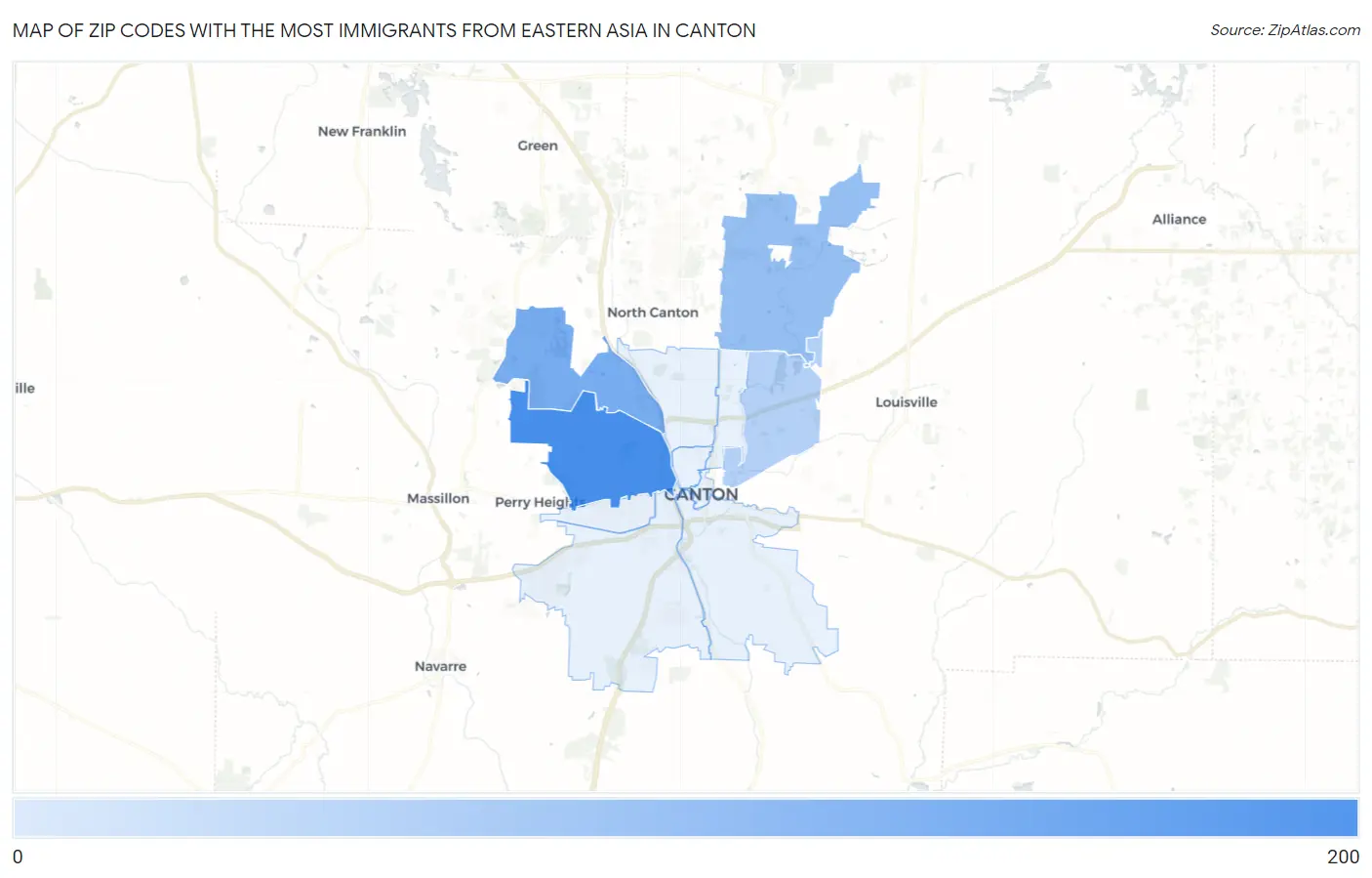 Zip Codes with the Most Immigrants from Eastern Asia in Canton Map
