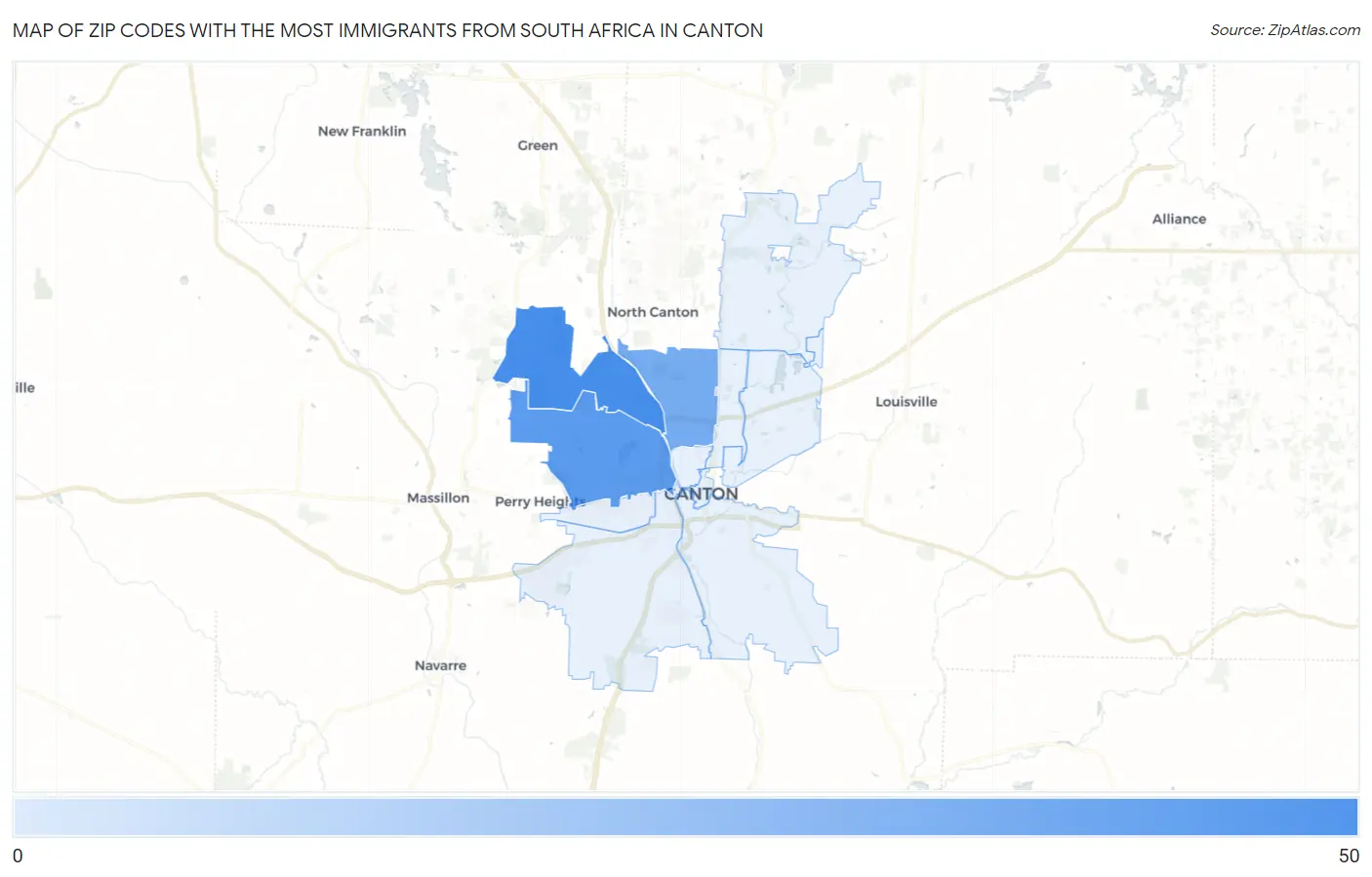 Zip Codes with the Most Immigrants from South Africa in Canton Map