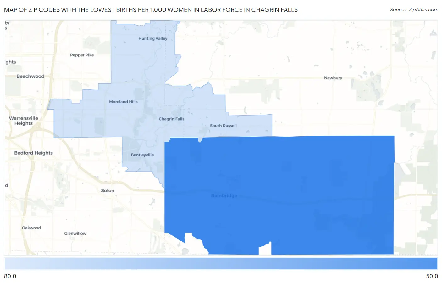 Zip Codes with the Lowest Births per 1,000 Women in Labor Force in Chagrin Falls Map