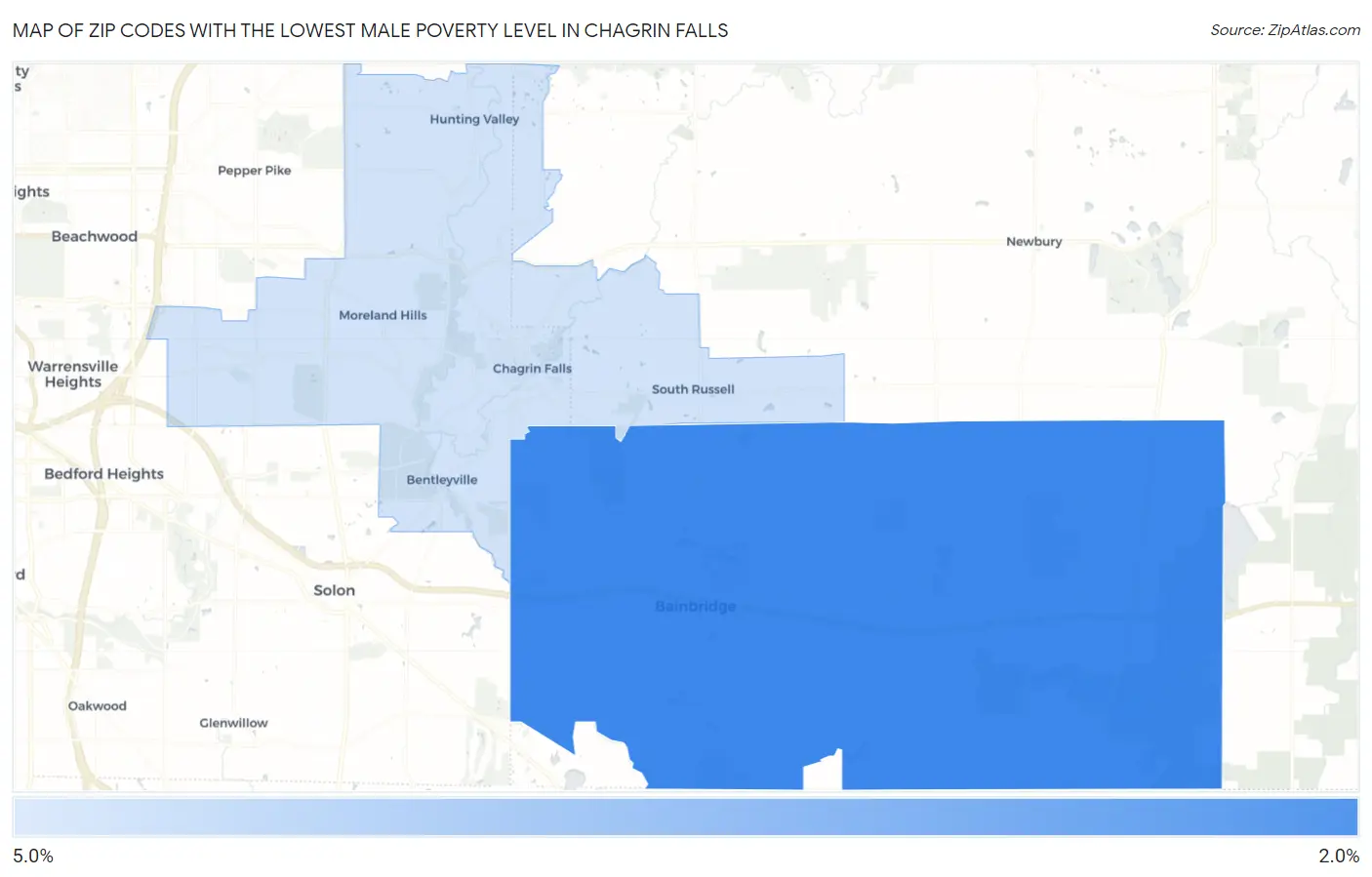 Zip Codes with the Lowest Male Poverty Level in Chagrin Falls Map