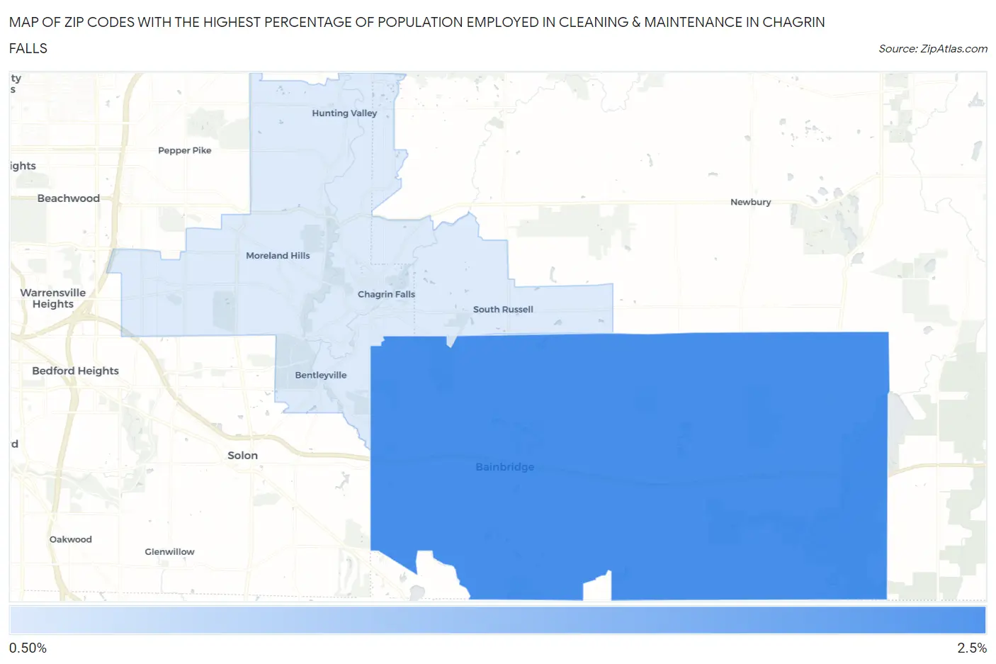 Zip Codes with the Highest Percentage of Population Employed in Cleaning & Maintenance in Chagrin Falls Map