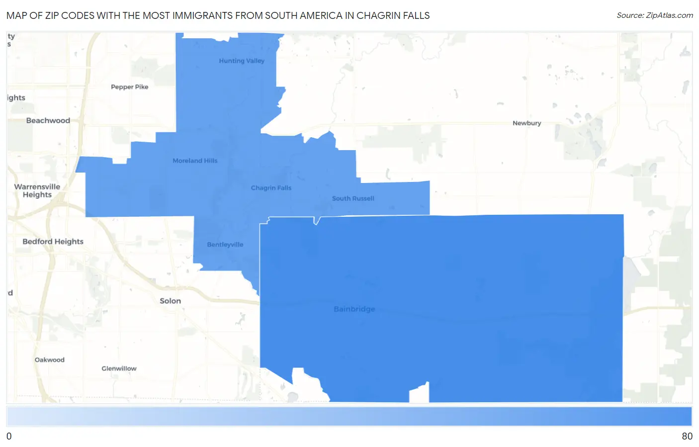 Zip Codes with the Most Immigrants from South America in Chagrin Falls Map
