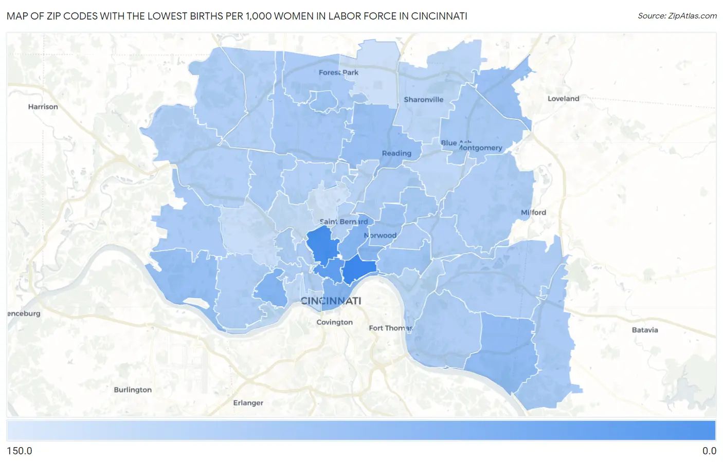 Zip Codes with the Lowest Births per 1,000 Women in Labor Force in Cincinnati Map